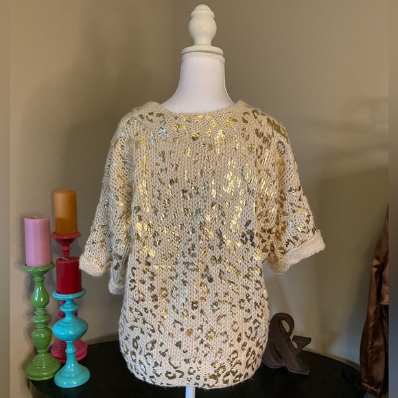 Charlotte Russe Metallic Leopard Knit Sweater XL | Cream Gold Short Sleeve - Picture 2 of 5